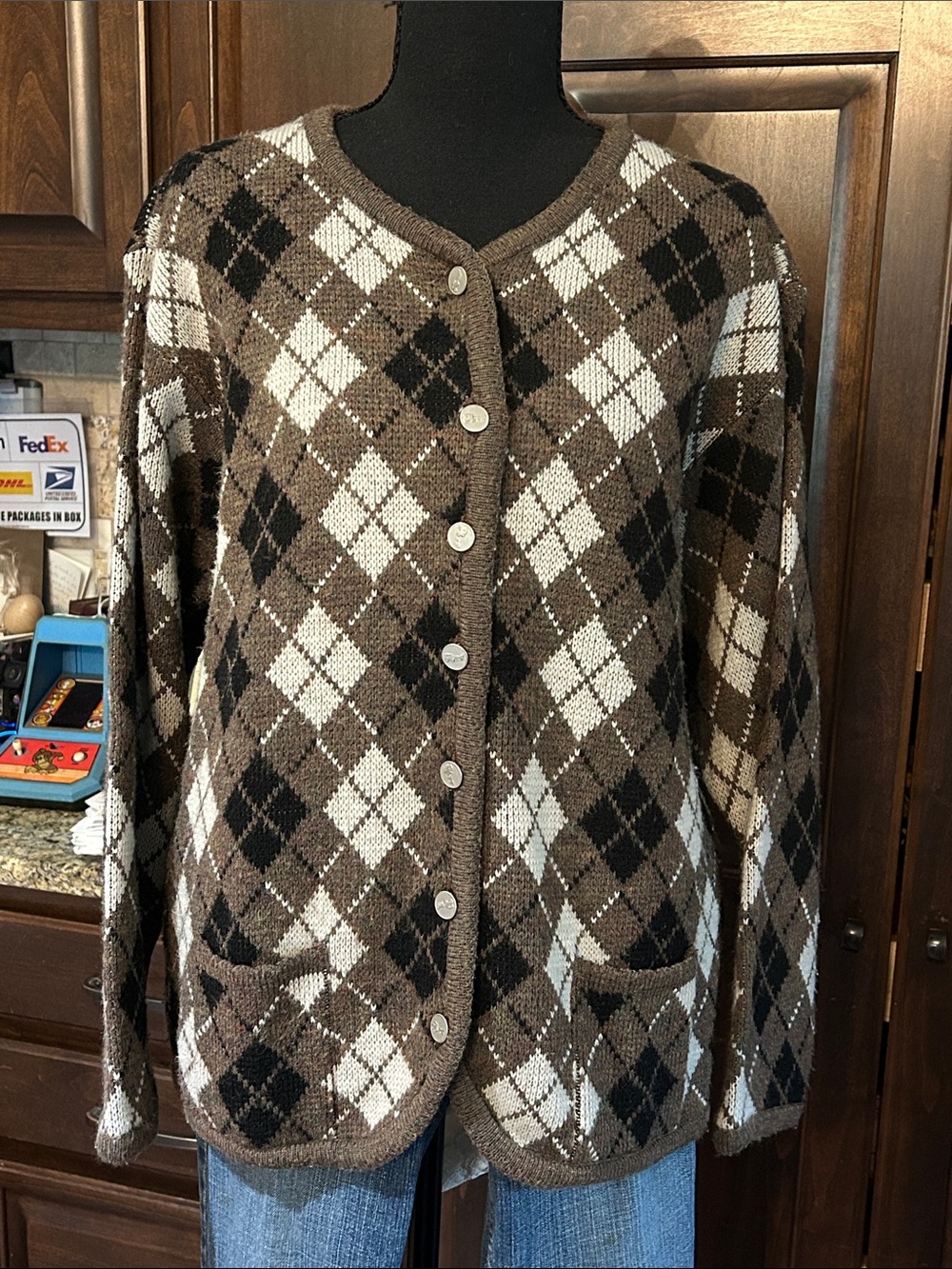 Tally-Ho Sz L Women's Brown Argyle Button Front Cardigan Sweater